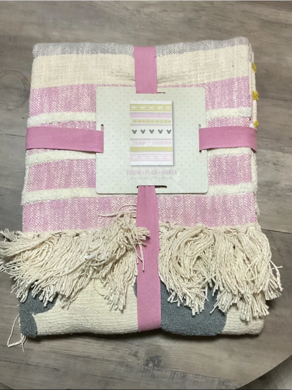 Disney Pink and Cream Striped Fringe Throw Blanket with Subtle Gray Accent